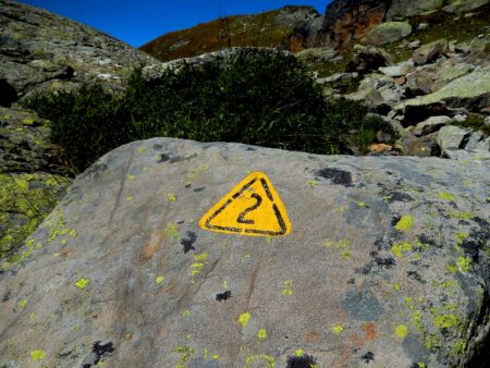 Simbolo dell'Alta Via 2 sul sentiero dal Rifugio Deffeyes al Col Planaval (3009 m).
